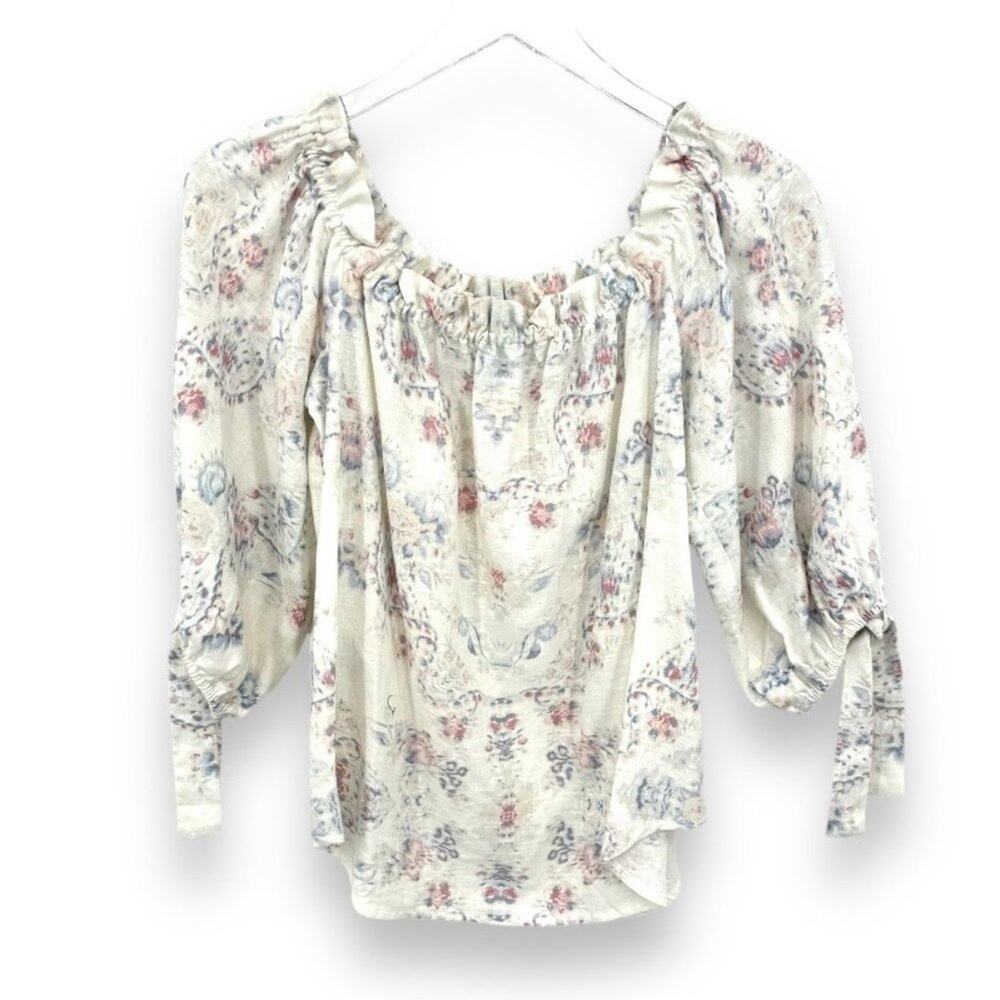 BCBGMAXAZRIA  floral watercolor linen blend tie sleeve off shoulder blouse M